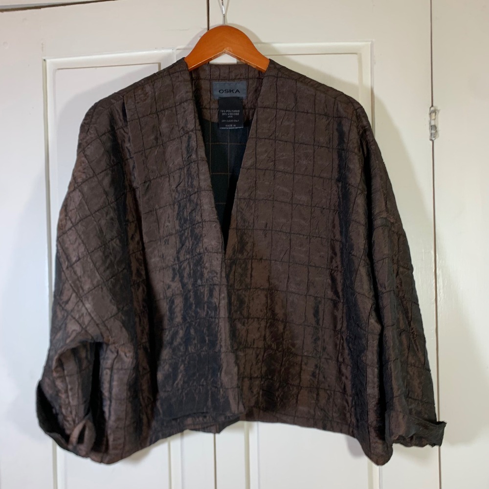 Oska Women Brown Grid Quilted Textured Boxy Lagenlook Jacket German Size 36